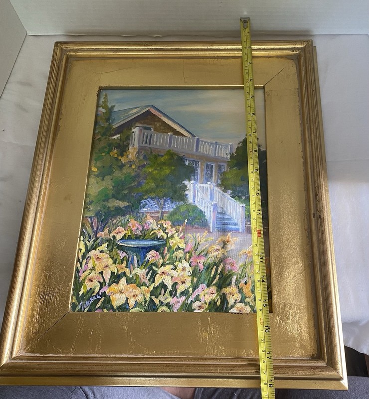 Beautiful Oil Painting with House, Flowers and Birdbath in Gold Wooden Frame gallery