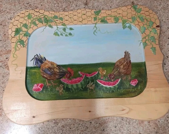 Hand Painted Folk Art, Feeding Chickens, Country, Wall Decor