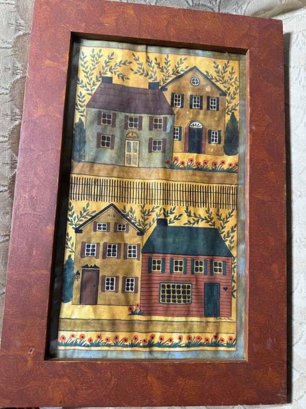 Hetherly Hale «Country Homes Scene» Primitive Folk Art Watercolor Painting