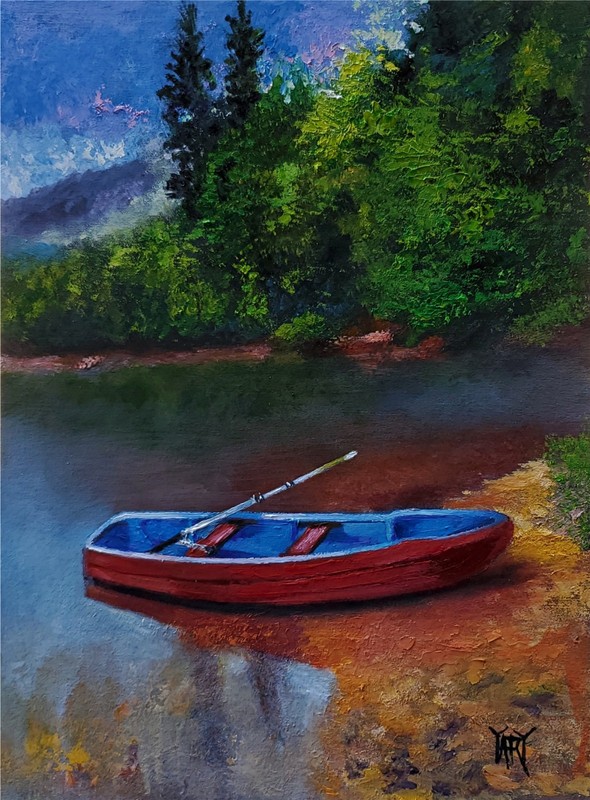 YARY DLUHOS Landscape Lake Rowboat Trees Boat Water Original Art Oil Painting