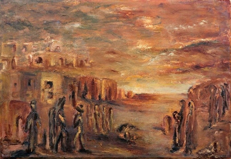Unknown Unidentified: Figures in Bedouin Village in Desert / Modern Orient S/Oil