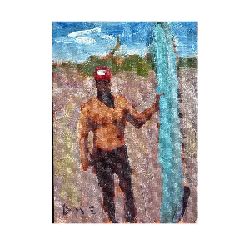 Original Painting Male Figure Beach Surfing Signed 5×7 Impressionist Portrait