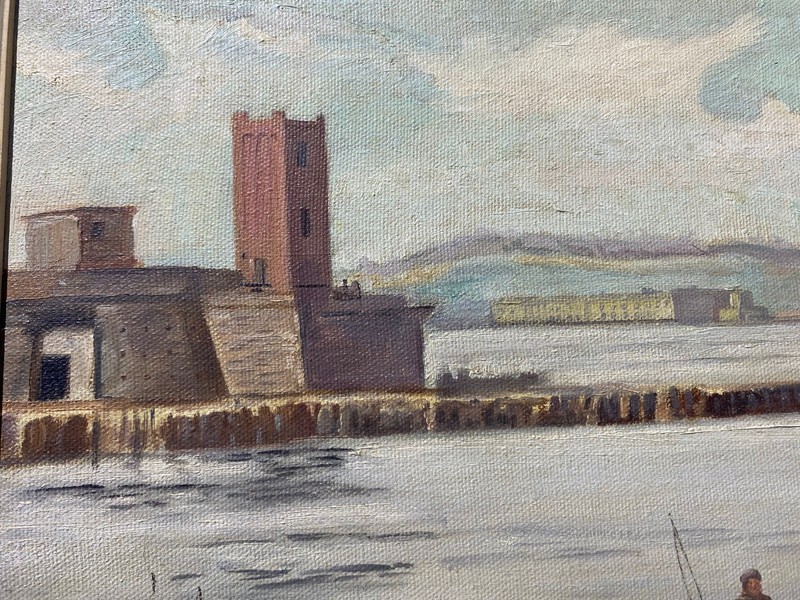 Mid-Century Oil Painting Fisherman Harbor Scandinavian B. Forsberg Artist gallery