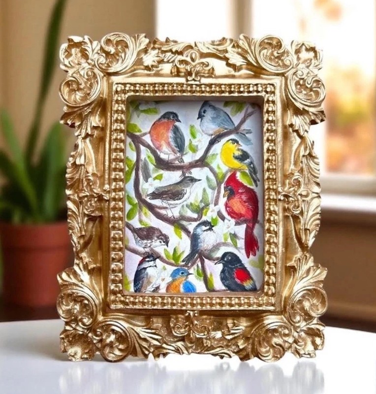 «Backyard Birds» mini art watercolor print in gold vintage style ornate frame