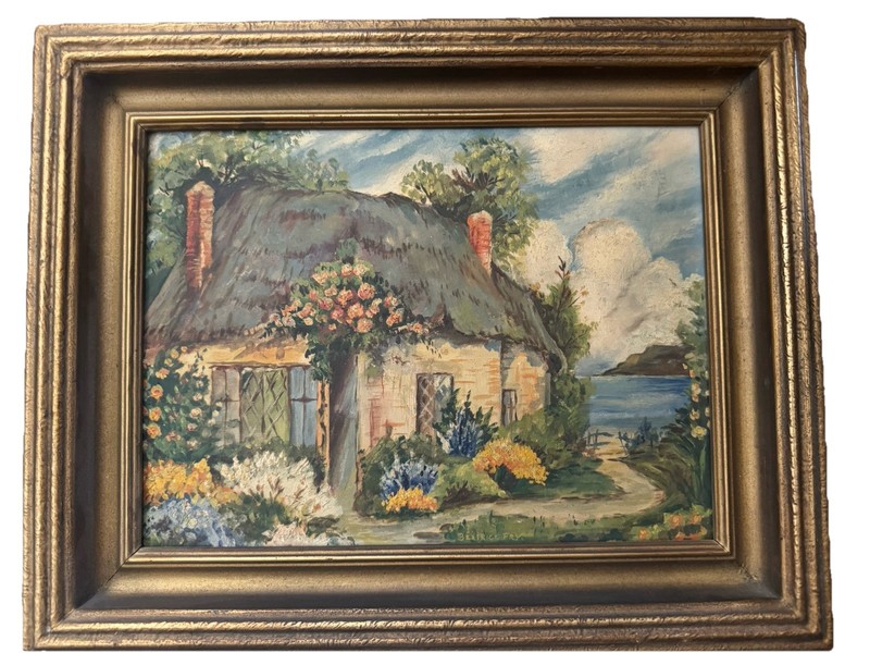 Antique Painting C1900’s Thatched Roof Cottage Flowers Lake BEATRICE FRY