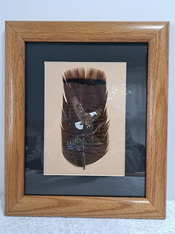 Framed Hand-painted Eagle Painted On Feather 12″ X 10″