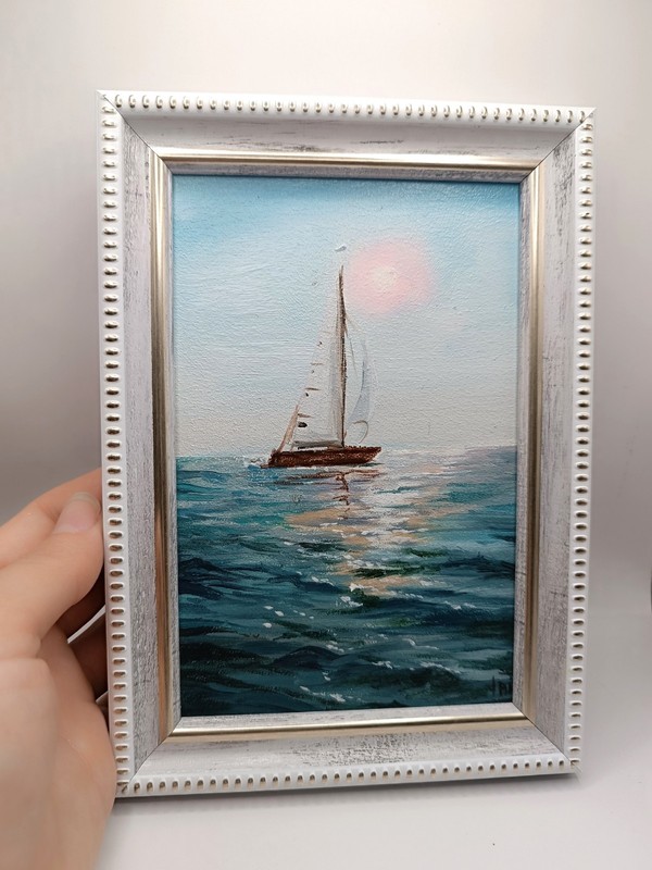 Misty Ocean Sailing Boat Small Textured Painting Original Pastel Beach Decor gallery