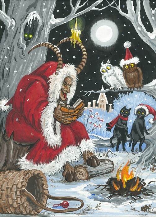 ACEO PRINT OF PAINTING RYTA KRAMPUS BLACK CAT GERMANY Xmas folk art landscape 🎄