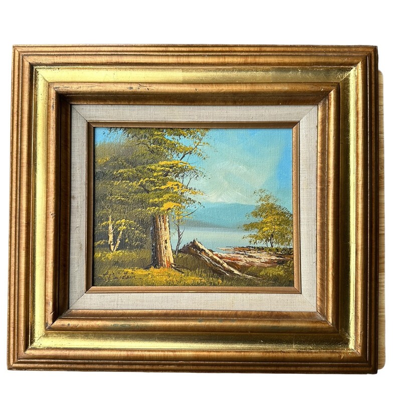 VTG Original Oil Painting 15x17 Inch Landscape Tree Forest Mountain River Signed gallery