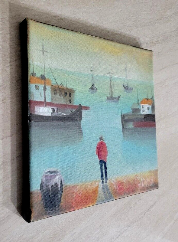 Whimsical Original Oil/ canvas painting* 8 x 8 in, signed*A Single Man* gallery