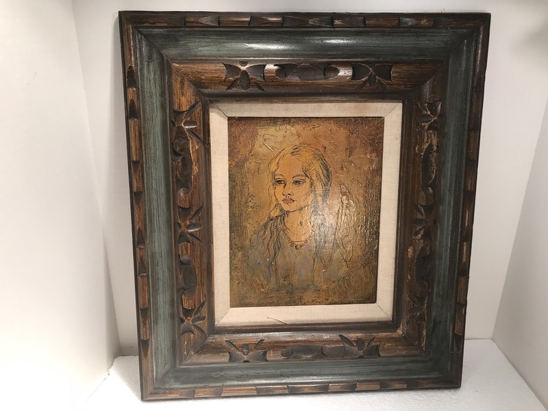 VINTAGE MULTIMEDIA ON CANVAS LADY PORTRAIT PAINTING SIGNED MILAN 1971