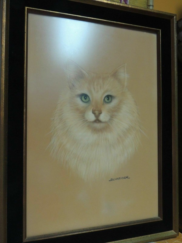 Schneider Painting on felt Cat Portrait 14″x19″ Black Velvet Frame Mid Century