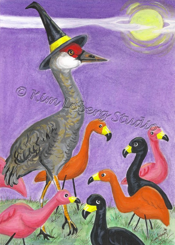 Original garden flamingo Sandhill Crane witch Loberg Halloween Art + ACEO Print