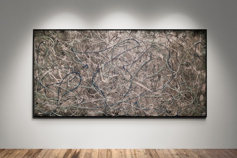 XXL Jackson Pollock Style Abstract Painting – Grey Rose Gold Canvas 78×39 in