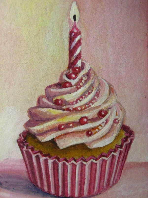 Watercolor Painting Cupcake Cake Cream Food Candle Light Happy Birthday ACEO Art