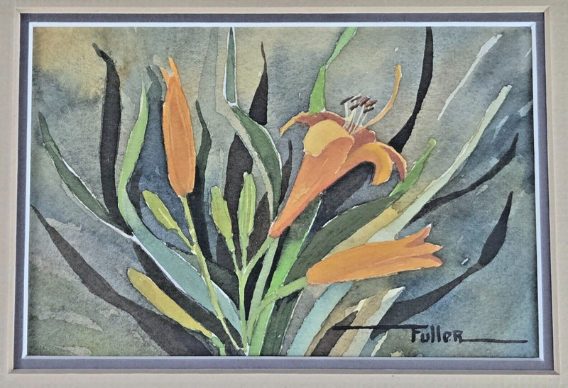 Lu Fuller, Kansas Tiger Lily still life original watercolor painting framed