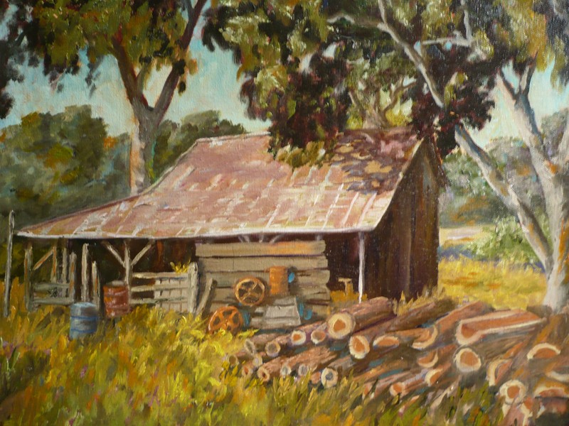 LEOLA SHIREK, OIL LOG CABIN IN WILDERNESS RURAL LANDSCAPE VINTAGE CALIFORNIA ART gallery