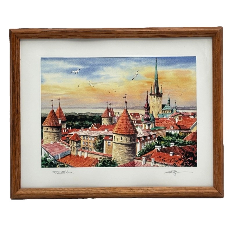 Original Watercolor Painting Old Town Tallinn Architecture Signed Framed 12×15