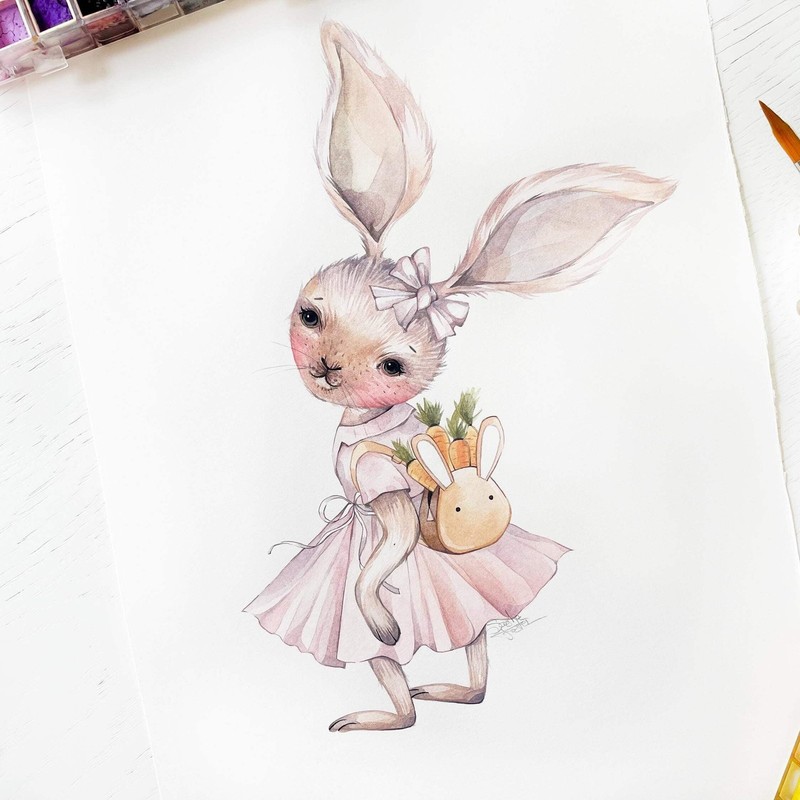 Original Watercolor Sweet Pupil Rabbit 11×15 Painting Unique Artwork Wall Art