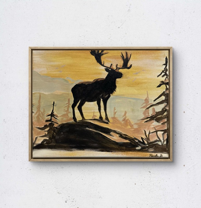 Original Abstract Expressionist Moose Landscape, 14×11 Canvas Signed