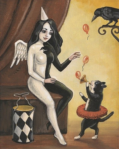 8×10 PRINT OF PAINTING GOTHIC RYTA TUXEDO BLACK CAT CLOWN CROW HALLOWEEN Art 🍁