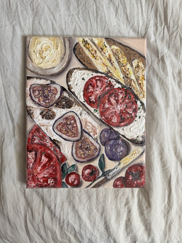 Original Oil Painting Food Still Life Bread Tomatoes Fig Charcuterie Art