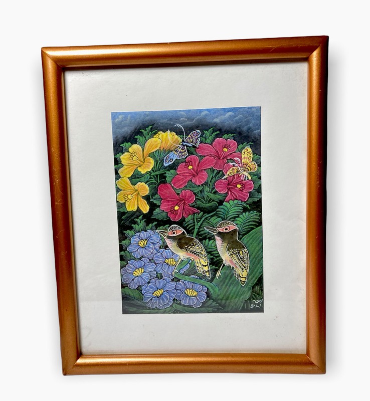 VINTAGE ORIGINAL BALI PAINTING BALINESE INDONESIAN 10″ X 9” FLOWER BIRD SCENE