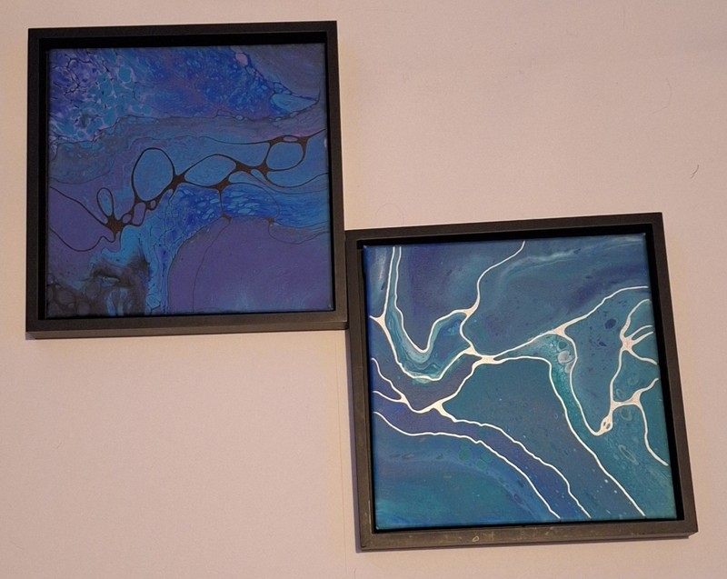 Acrylic Pour Neurographic Linework Paintings 12×12 Canvases Wooden Framed