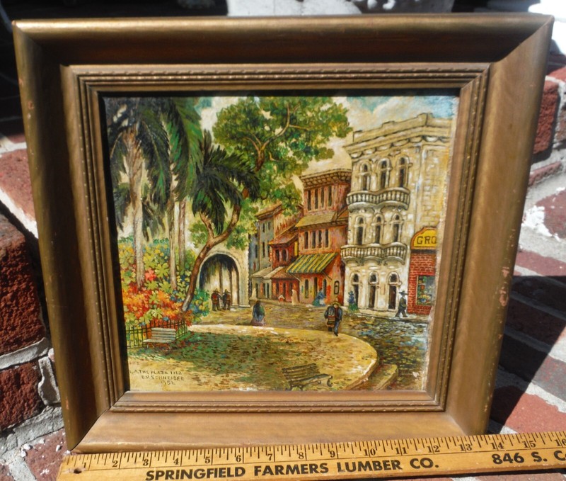 VINTAGE 1956 OIL/CANVAS PAINTING- L.A. THE PLAZA 1882 -SIGNED/ORIGINAL FRAME