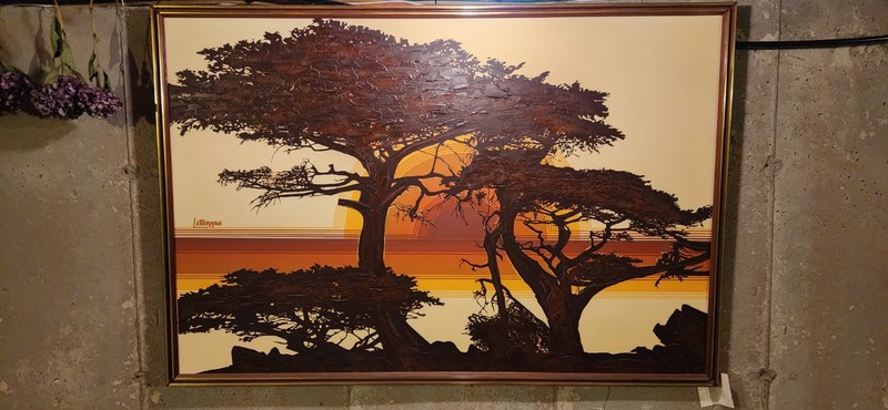 1970s era 62″ X 42″ Supergraphic Sunset Painting w/ Encaustic Trees by Letterman