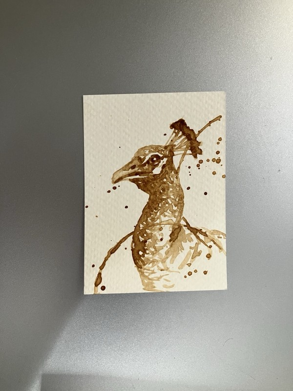ORIGINAL Coffee Peacock Painting Bird Lover Art Aceo Gift ATC Artwork Artettina