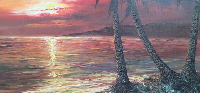 Dark Moody Pacific Sunset, Large Oil Painting Hawaiian Seascape c.1965 gallery