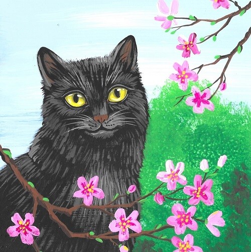 4×4 PRINT OF PAINTING EASTER CHERRY BLACK CAT RYTA SAKURA flower farm folk art
