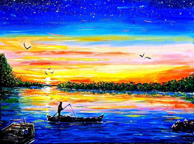 Original Painting Sunrise/Sunset Fishing Lake Boat Art SIGNED + COA