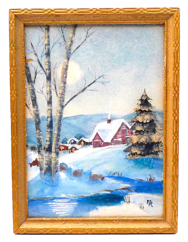 Small Vintage Canadian Scenic Watercolor and Postage Stamps in the Art Work