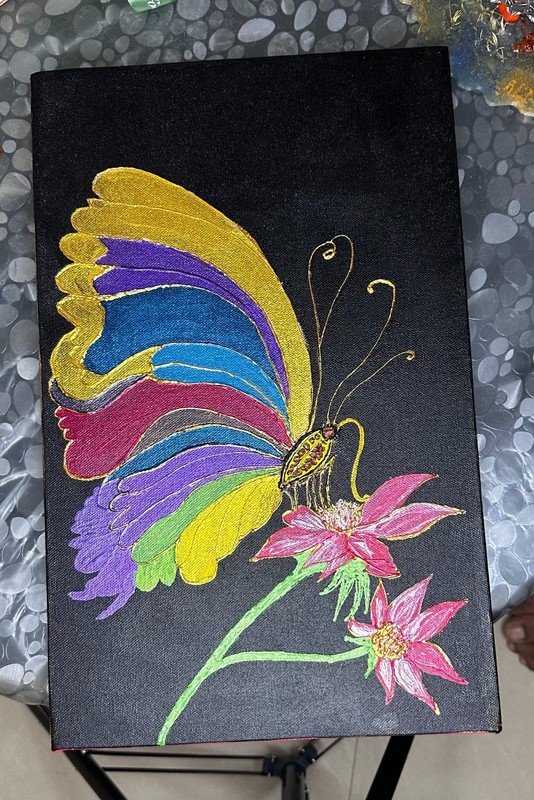 Vibrant Acrylic Butterfly on Black Canvas: Art Deco Indian Handmade Painting gallery