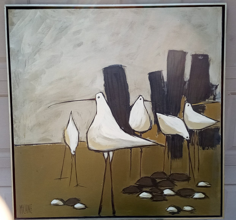 Vintage 60s 70s Sandpiper bird painting signed McCaine large 37x37" pop art gallery