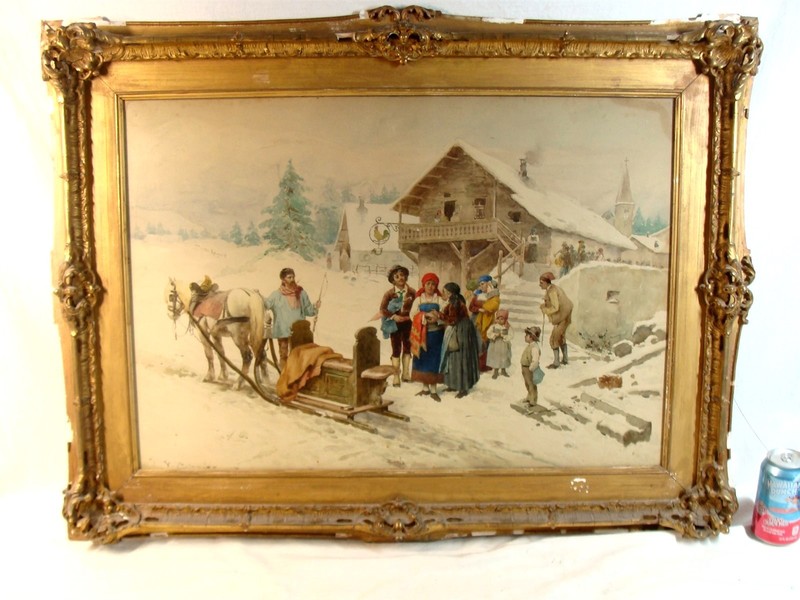 Antique 19C Italian Virgilio Colombo Winter Chalet W/C Painting