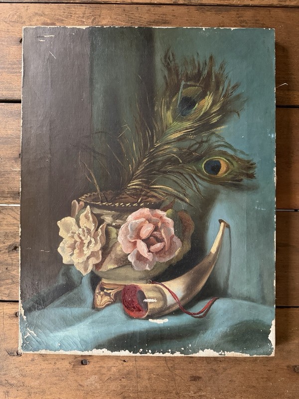 Antique Moody Oil Painting On Canvas Stamped Original Still Life Floral