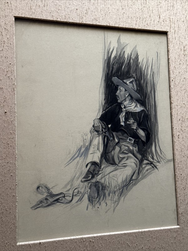 ANTIQUE PAINTING ILLUSTRATION AMERICAN COWBOY WESTERN MAN GUN LISTED WILLIAMS gallery
