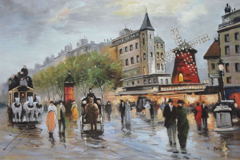 24×36 People Walk on Paris Street at Dusk Oil Painting Impressionism Cityscape