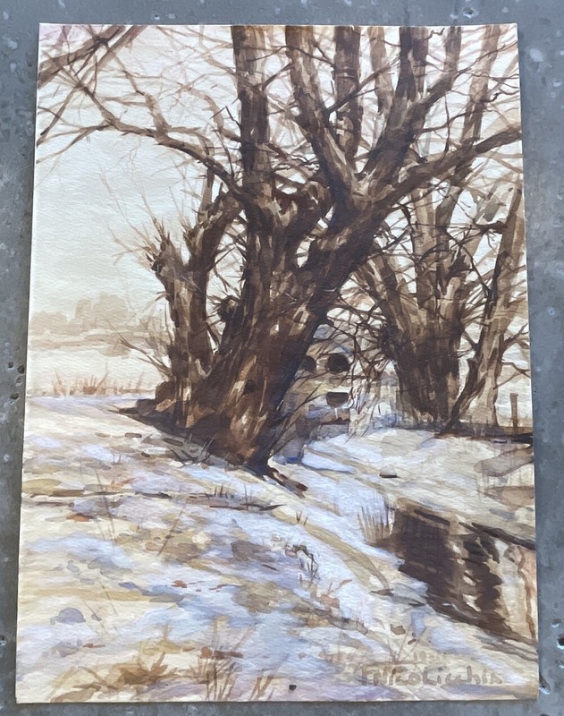 Beautiful 1934 Signed Watercolor Painting Winter Scene Trees Snow Bridge Water gallery
