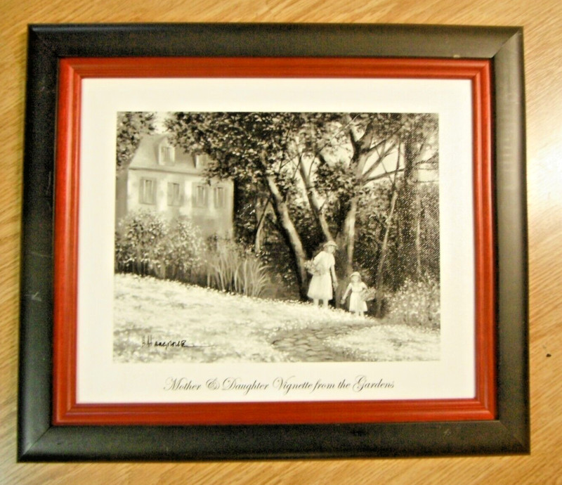 signed H Hargrove Framed Lithograph on Canvas B & W MOTHER & DAUGHTER GARDENS