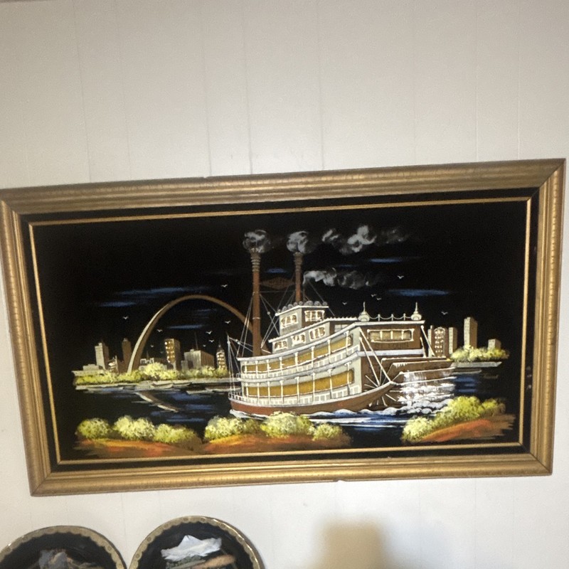 Framed Impressionist Steamboat River Cityscape Painting Nautical Cities & Towns