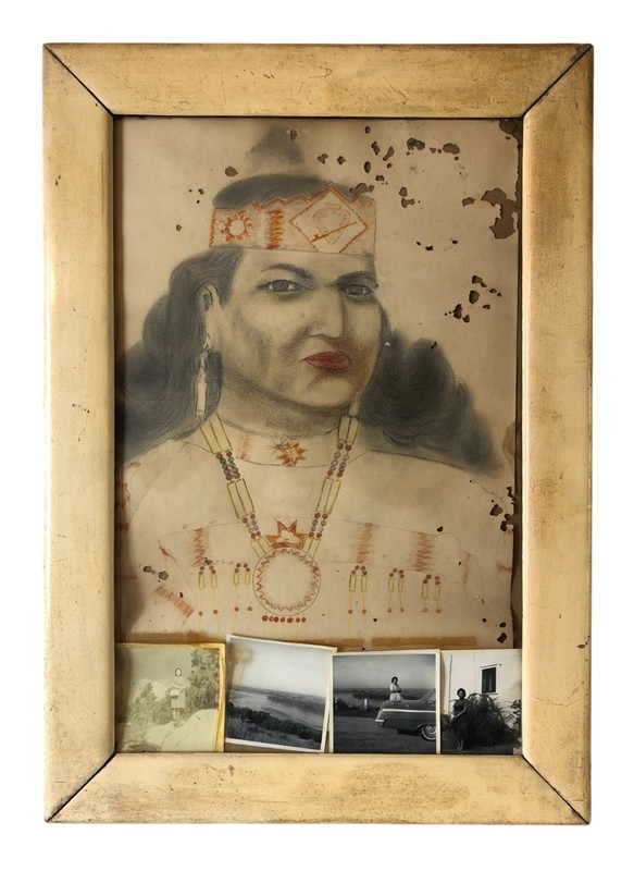 Original Native American Art Woman w/ Headband Powwow Clothing & Old Snapshots