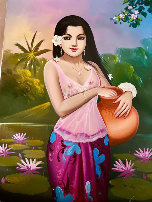 LOVELY CAMBODIAN / KHMER LADY OIL PAINTING 23” X 31” G38