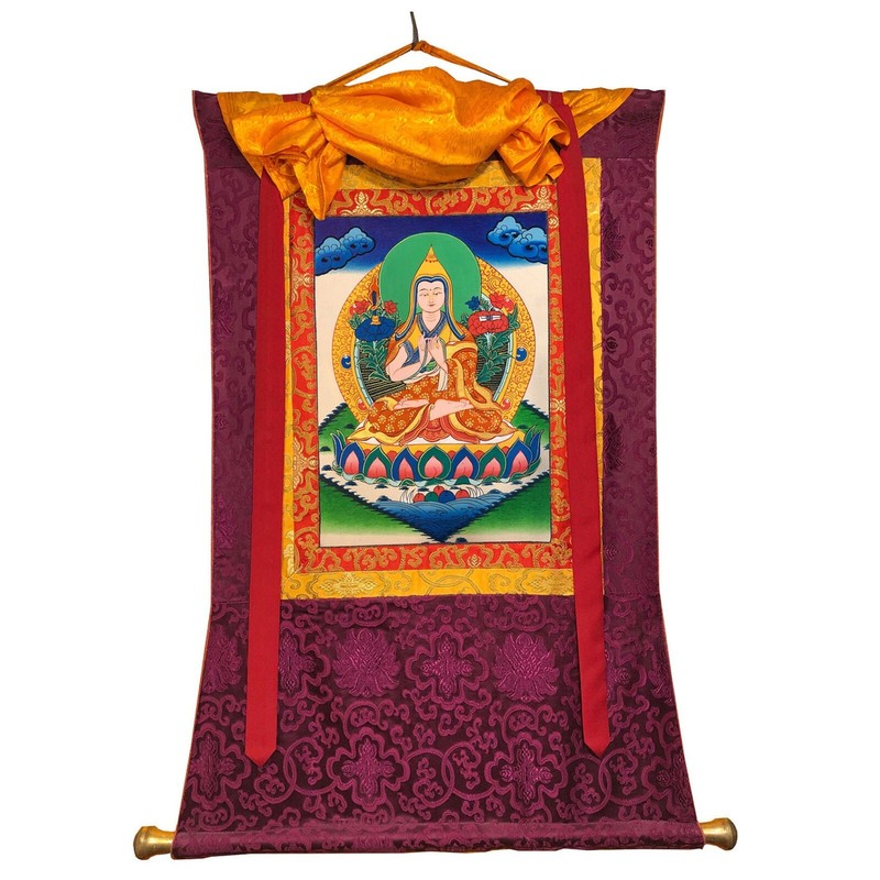 Brocade Mounted Tsongkhapa Thangka Painting, Master Quality Thanka art