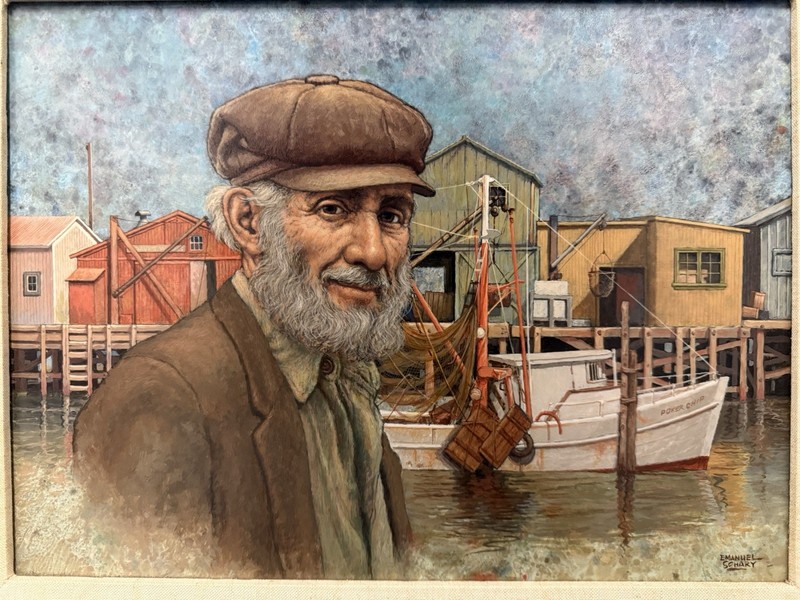Emanuel Schary (Israel, 1924-94) “Old Man at The Dock ” Oil on Board Signed LR gallery