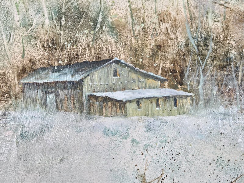 Jim Sloan original winter landscape oil painting on canvas, wagon, farm/barn gallery