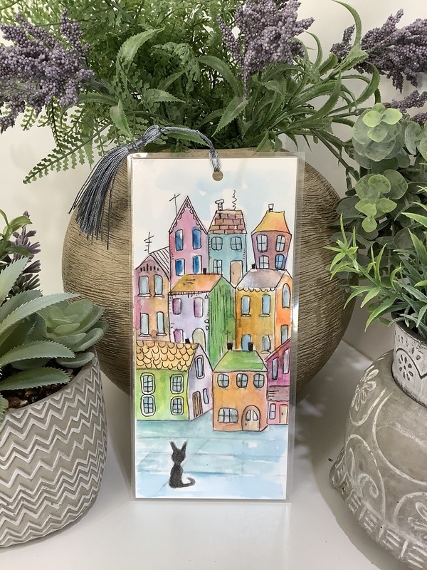 Bookmark /Page Marker laminated artwork Whimsy House Black Cat + Tassel By Kenna